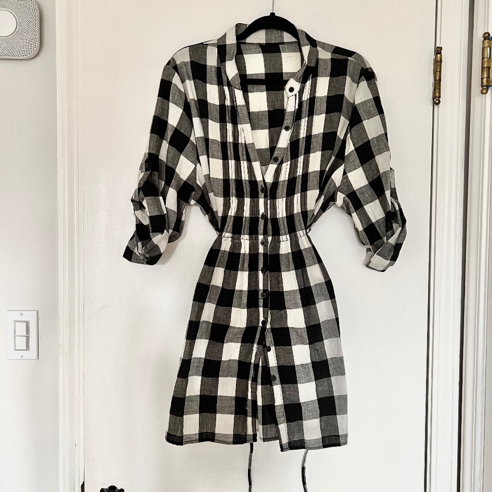 Vintage White & Black Flannel Plaid Button Down Dress Waist Tie shirt